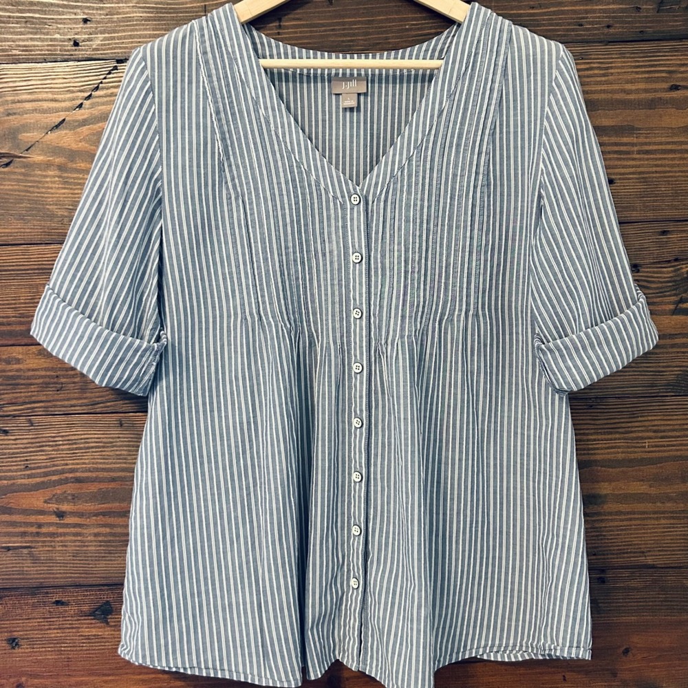 J.Jill 100% Cotton Blouse Women L Blue White V-Neck Pintuck Coastal Preppy Boho